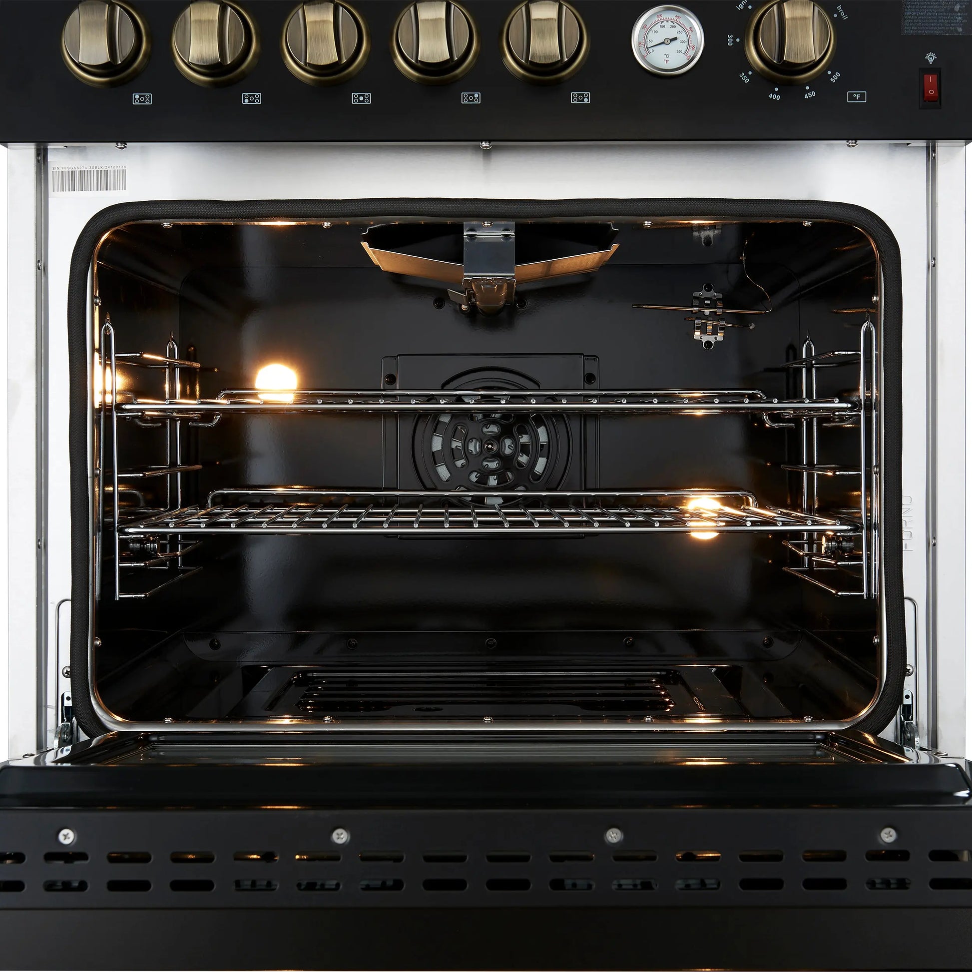 Giovanni 30-inch Gas Range Black & Antique Brass Design, 5 Burners 67,000 BTU, 4.32 cu.ft. Convection Oven FORNO