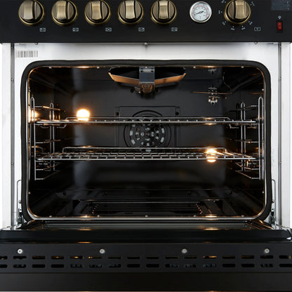 Giovanni 30-inch Gas Range Black & Antique Brass Design, 5 Burners 67,000 BTU, 4.32 cu.ft. Convection Oven FORNO