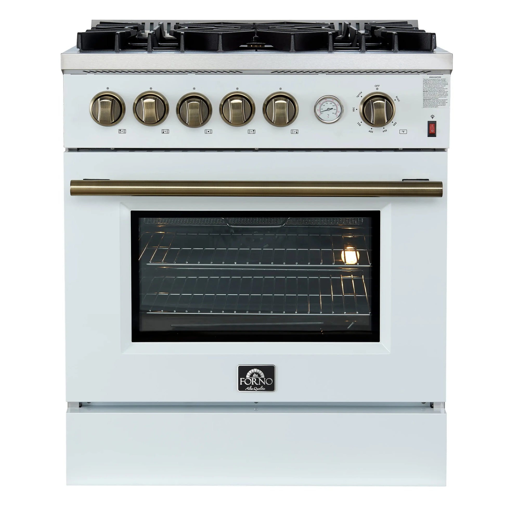 Giovanni 30-inch Gas Range White & Antique Brass Design, 5 Burners 67,000 BTU, 4.32 cu.ft. Convection Oven FORNO