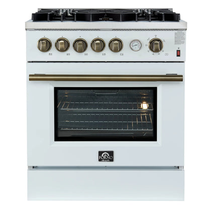 Giovanni 30-inch Gas Range White & Antique Brass Design, 5 Burners 67,000 BTU, 4.32 cu.ft. Convection Oven FORNO