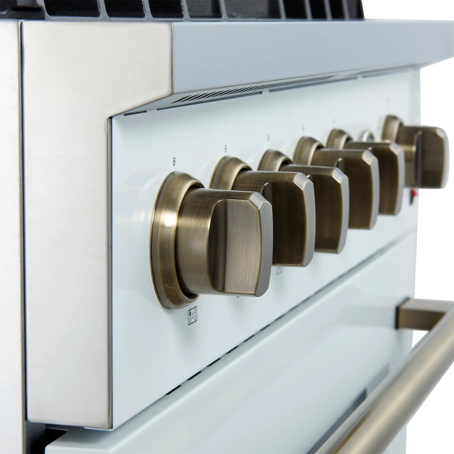 Giovanni 30-inch Gas Range White & Antique Brass Design, 5 Burners 67,000 BTU, 4.32 cu.ft. Convection Oven FORNO