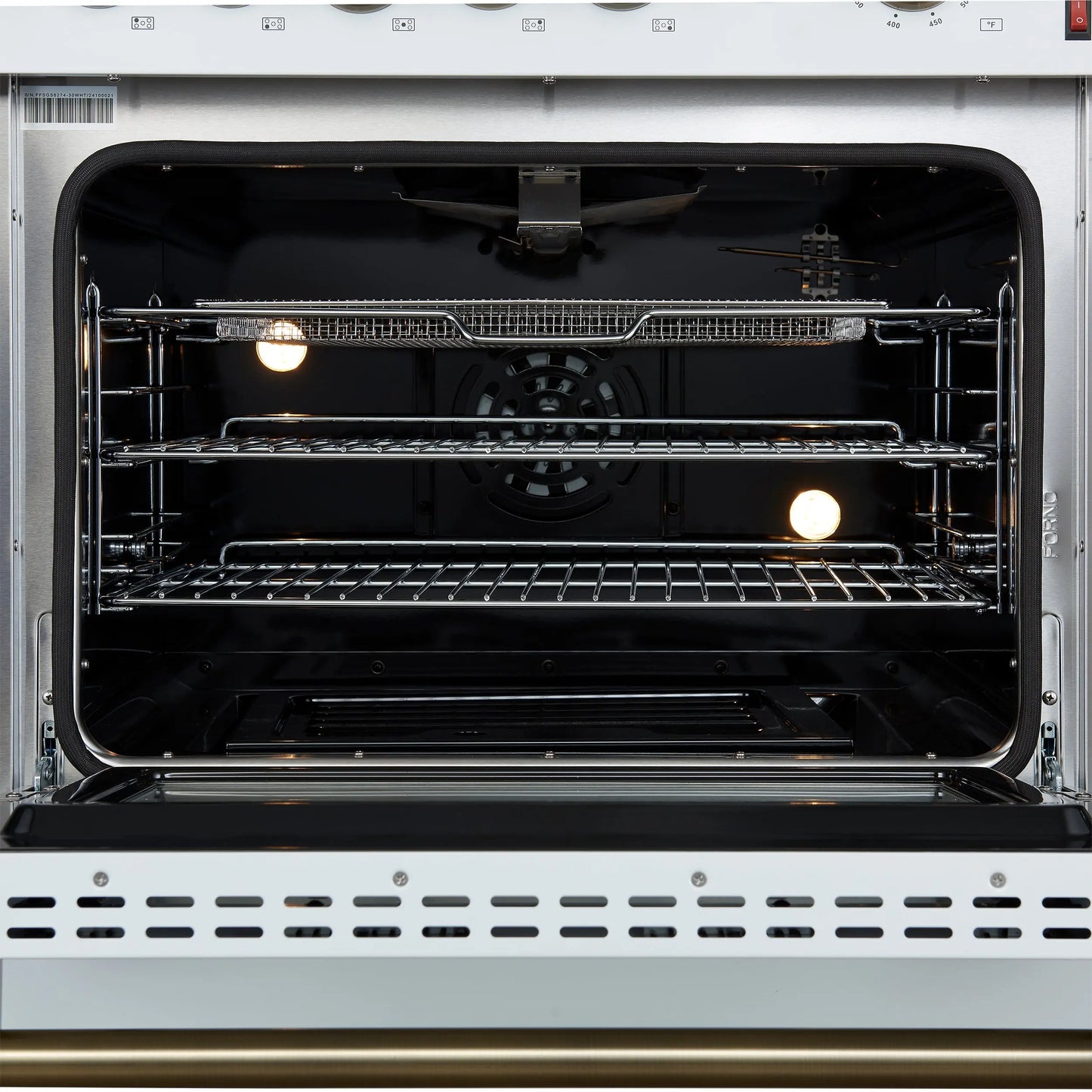 Giovanni 30-inch Gas Range White & Antique Brass Design, 5 Burners 67,000 BTU, 4.32 cu.ft. Convection Oven FORNO