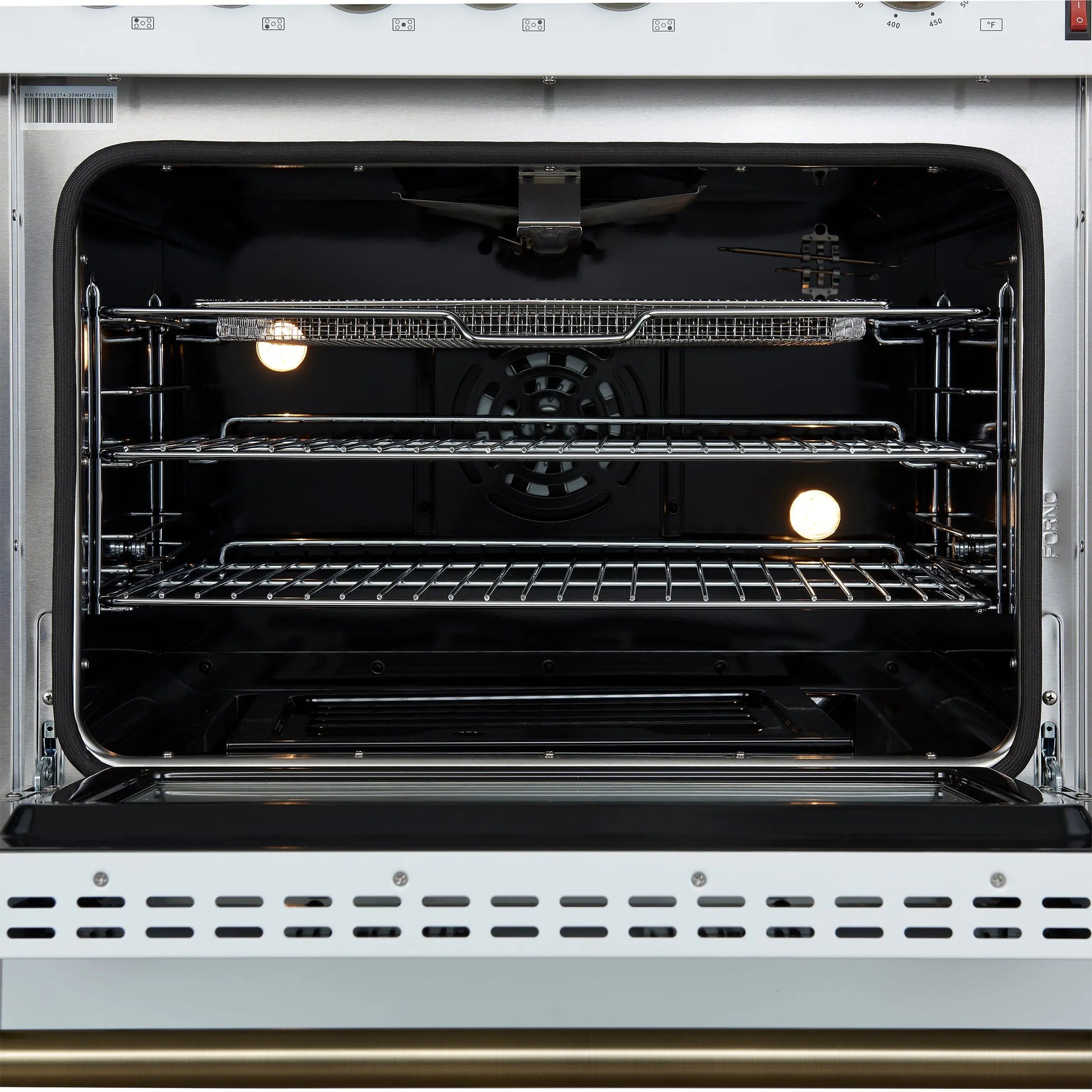 Giovanni 30-inch Gas Range White & Antique Brass Design, 5 Burners 67,000 BTU, 4.32 cu.ft. Convection Oven FORNO