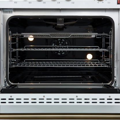 Giovanni 30-inch Gas Range White & Antique Brass Design, 5 Burners 67,000 BTU, 4.32 cu.ft. Convection Oven FORNO