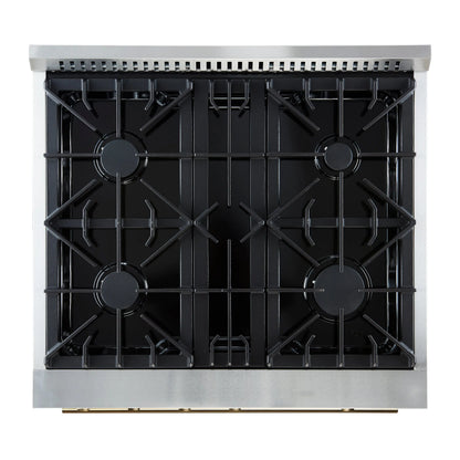 Marco 30-inch Gas Range Black & Antique Brass Design, 4 Burners 37,000 BTU, 4.32 cu.ft. Convection Oven FORNO