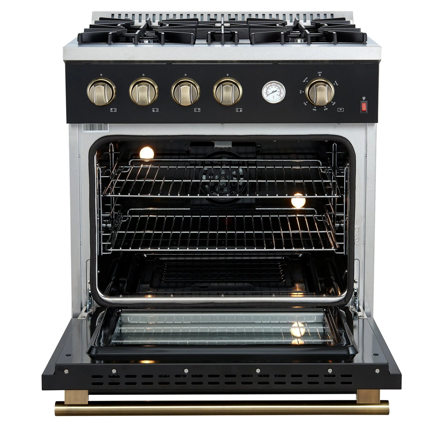 Marco 30-inch Gas Range Black & Antique Brass Design, 4 Burners 37,000 BTU, 4.32 cu.ft. Convection Oven FORNO