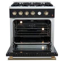 Marco 30-inch Gas Range Black & Antique Brass Design, 4 Burners 37,000 BTU, 4.32 cu.ft. Convection Oven FORNO
