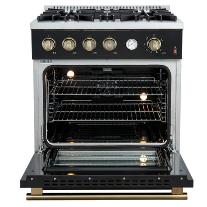 Marco 30-inch Gas Range Black & Antique Brass Design, 4 Burners 37,000 BTU, 4.32 cu.ft. Convection Oven FORNO