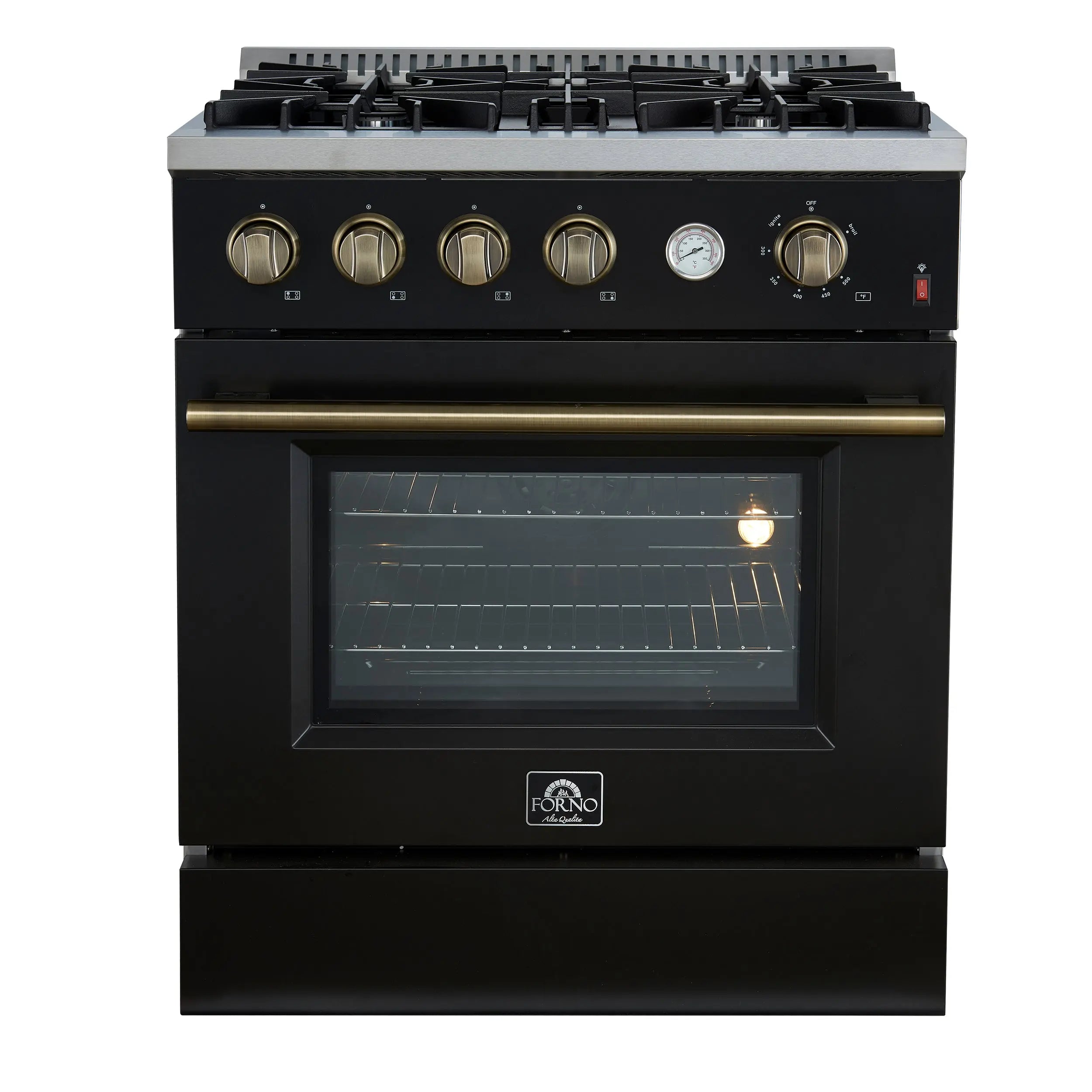 Marco 30-inch Gas Range Black & Antique Brass Design, 4 Burners 37,000 BTU, 4.32 cu.ft. Convection Oven FORNO