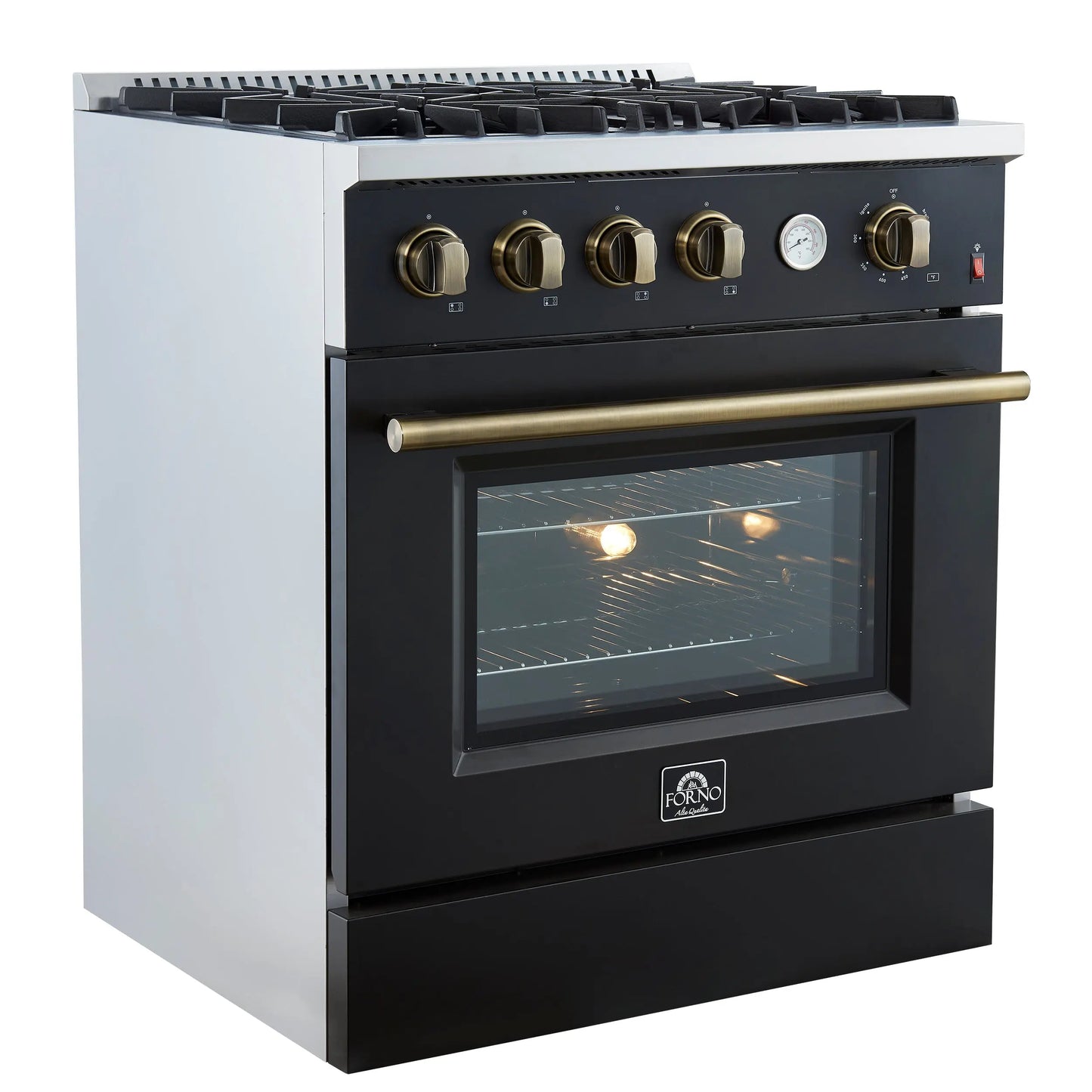 Marco 30-inch Gas Range Black & Antique Brass Design, 4 Burners 37,000 BTU, 4.32 cu.ft. Convection Oven FORNO