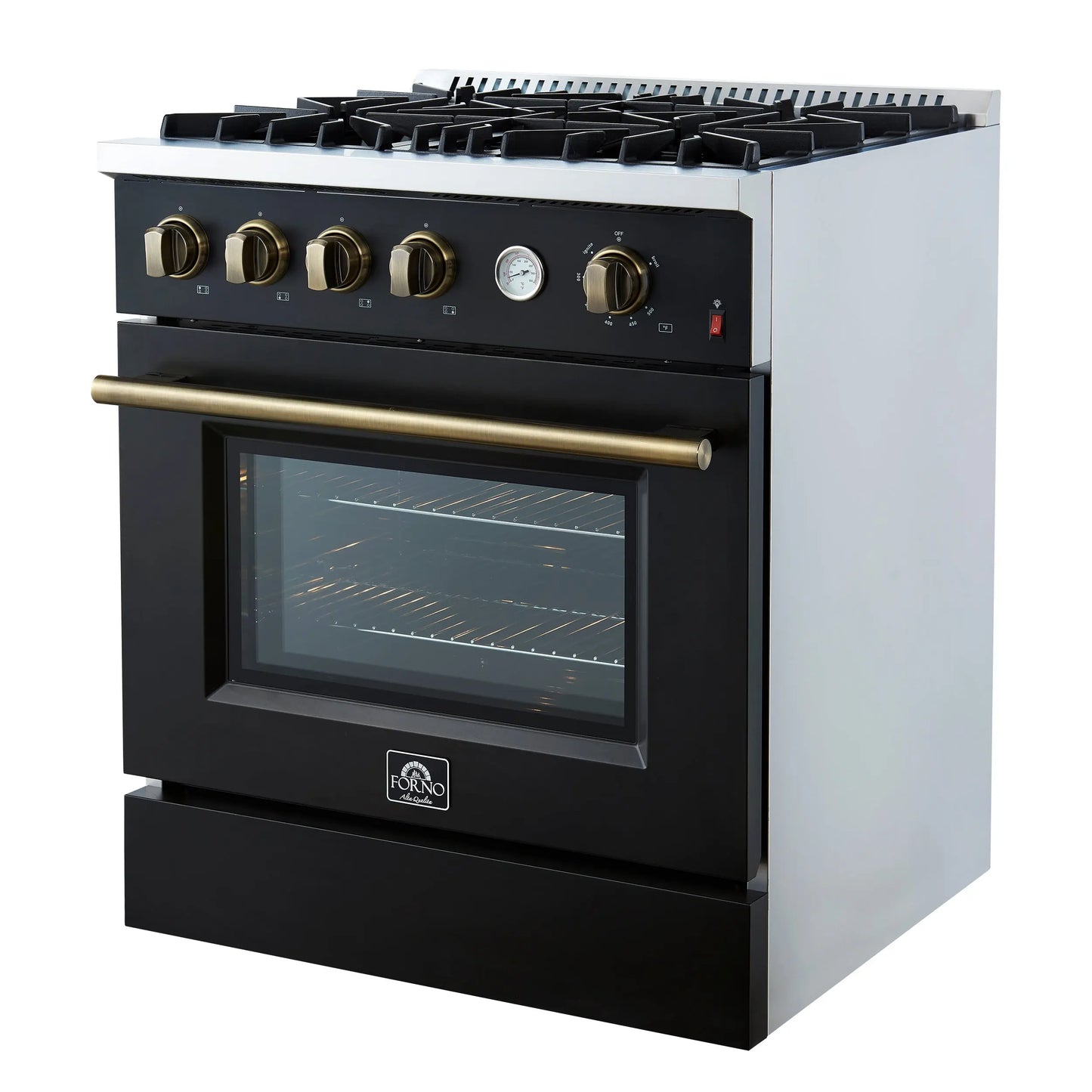 Marco 30-inch Gas Range Black & Antique Brass Design, 4 Burners 37,000 BTU, 4.32 cu.ft. Convection Oven FORNO
