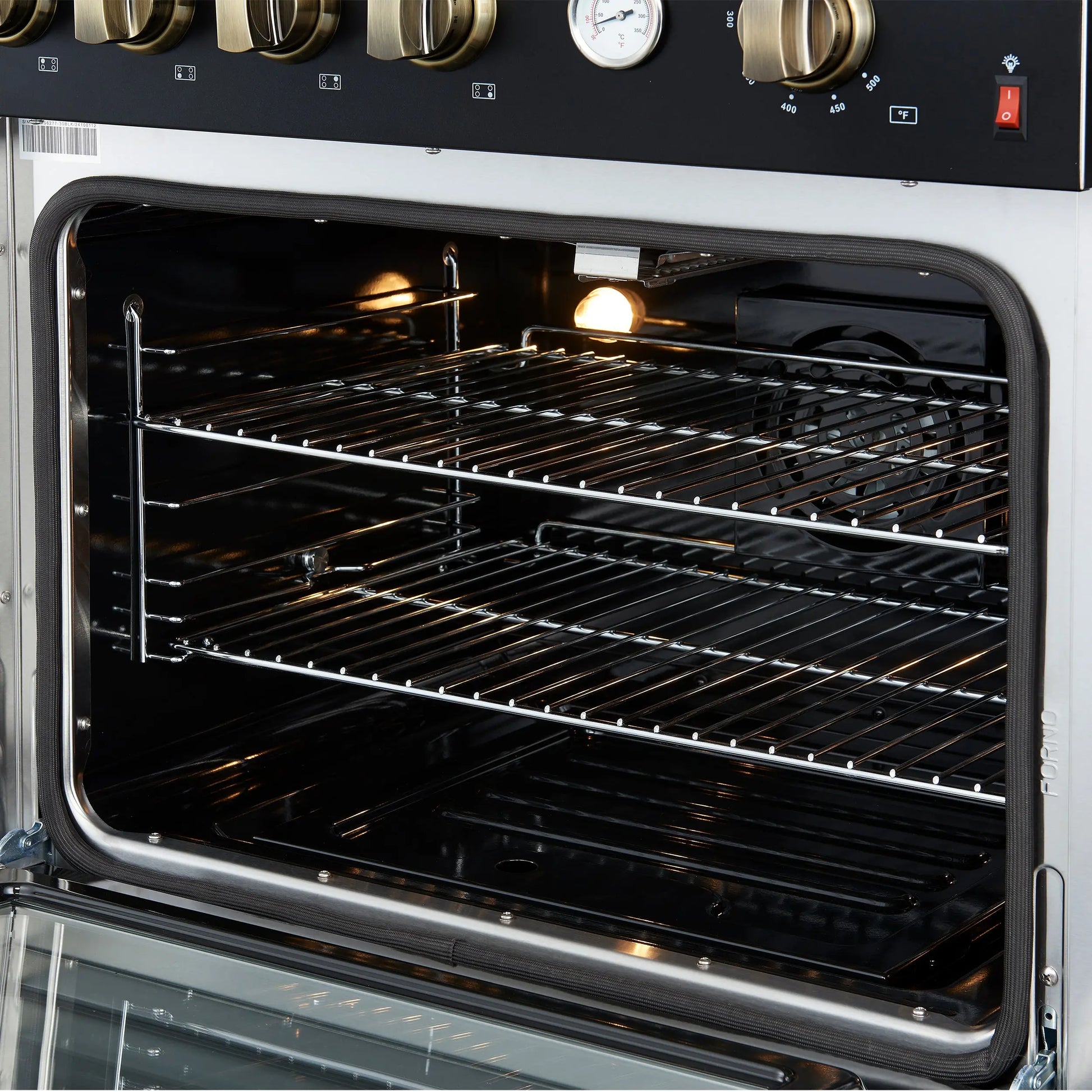 Marco 30-inch Gas Range Black & Antique Brass Design, 4 Burners 37,000 BTU, 4.32 cu.ft. Convection Oven FORNO