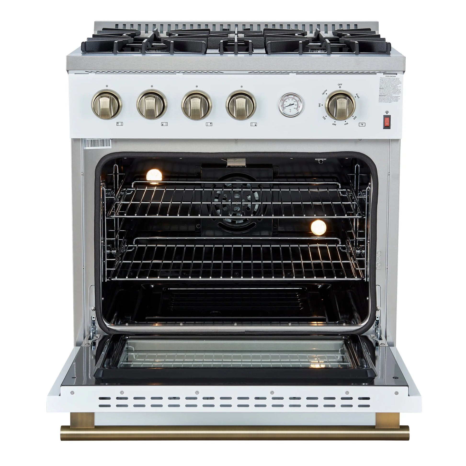 Marco 30-inch Gas Range White & Antique Brass Design, 4 Burners 37,000 BTU, 4.32 cu.ft. Convection Oven FORNO