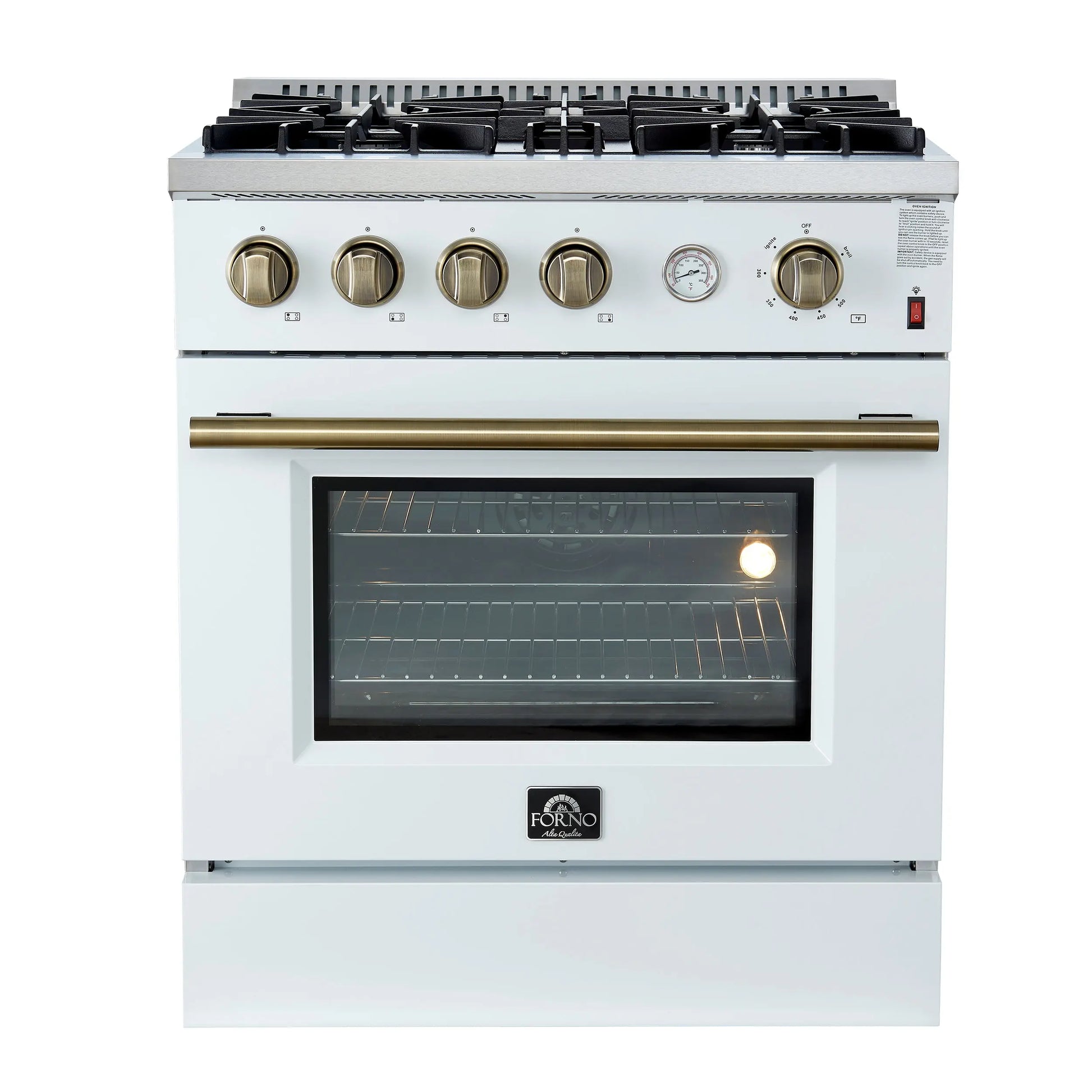 Marco 30-inch Gas Range White & Antique Brass Design, 4 Burners 37,000 BTU, 4.32 cu.ft. Convection Oven FORNO