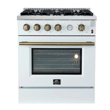 Marco 30-inch Gas Range White & Antique Brass Design, 4 Burners 37,000 BTU, 4.32 cu.ft. Convection Oven FORNO