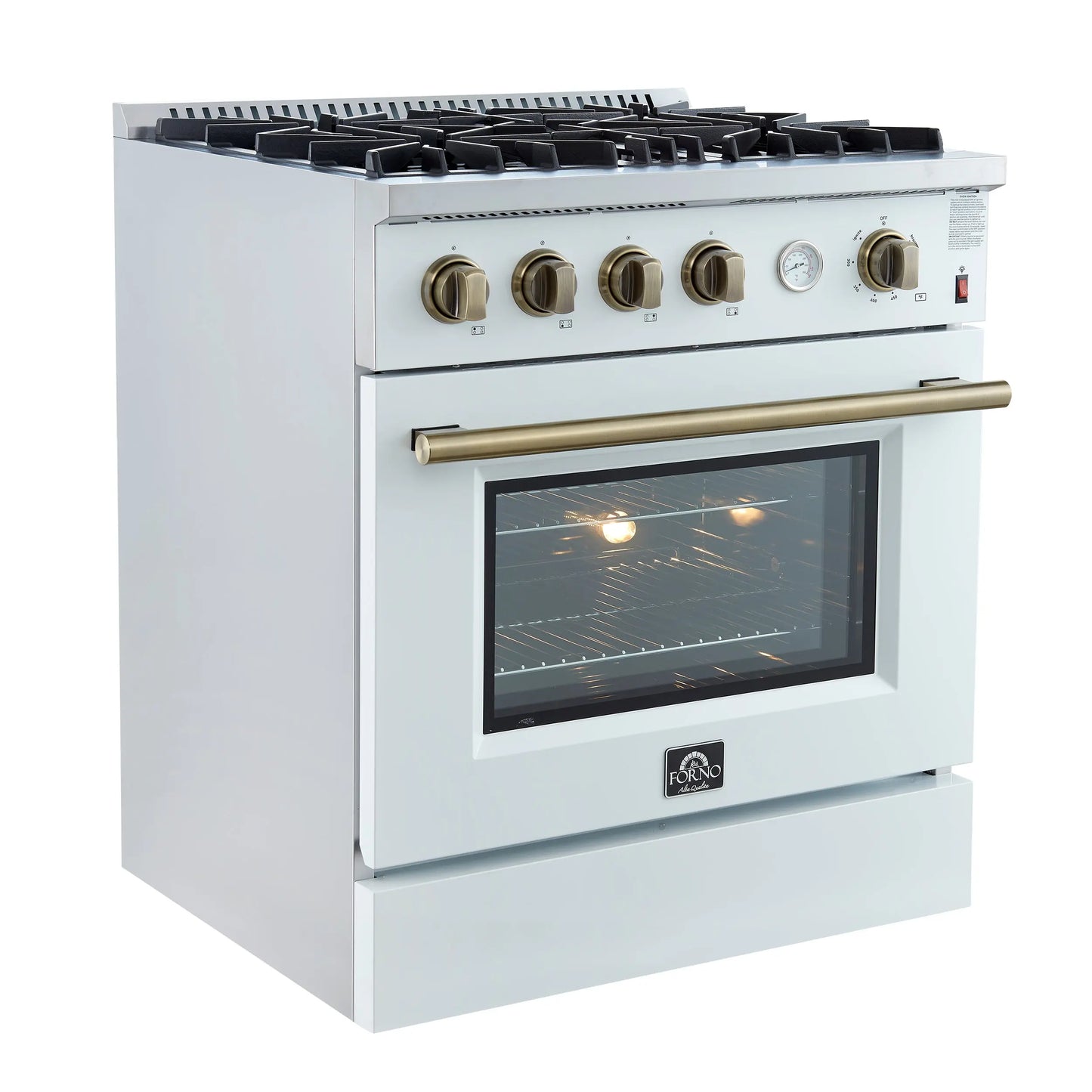 Marco 30-inch Gas Range White & Antique Brass Design, 4 Burners 37,000 BTU, 4.32 cu.ft. Convection Oven FORNO