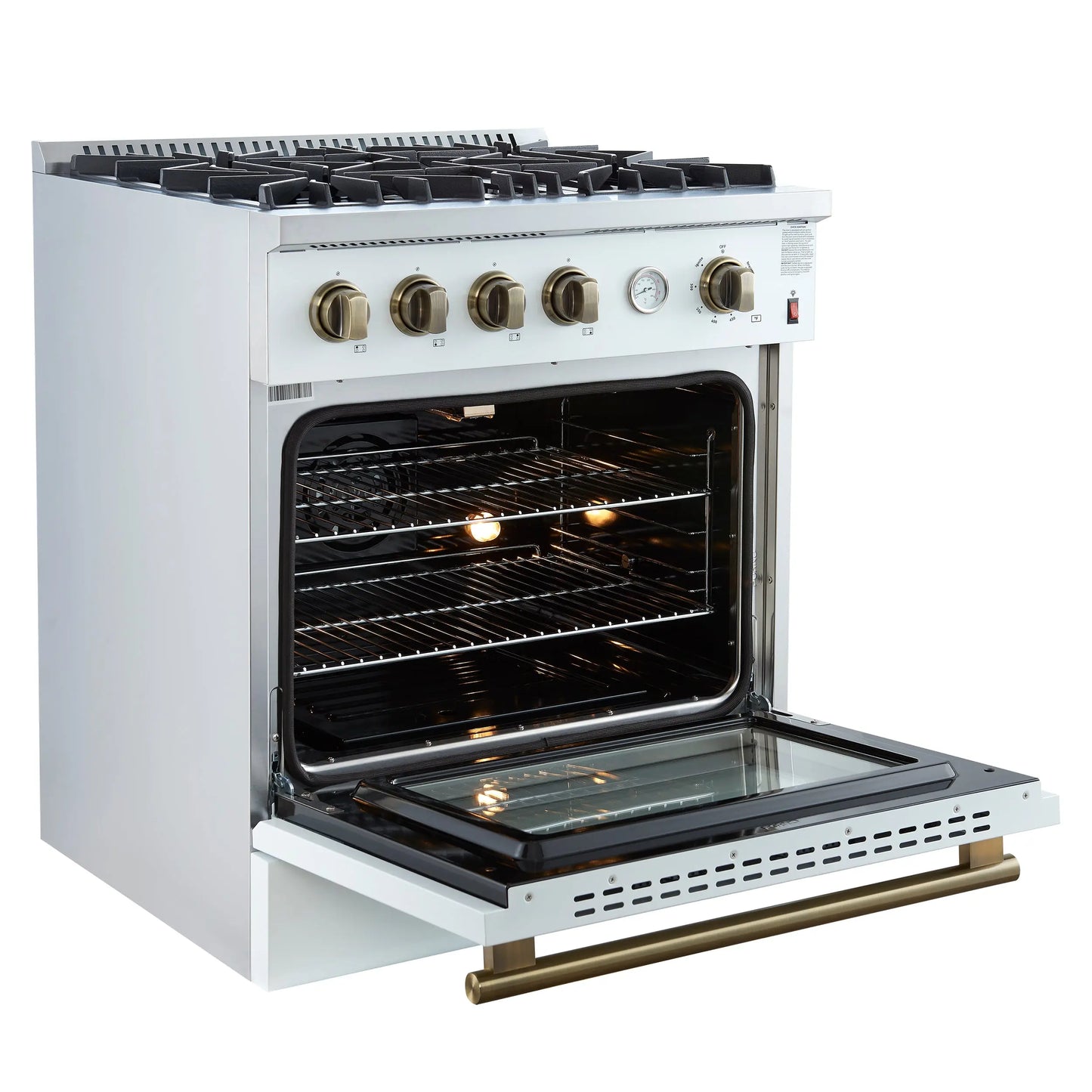 Marco 30-inch Gas Range White & Antique Brass Design, 4 Burners 37,000 BTU, 4.32 cu.ft. Convection Oven FORNO