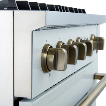 Marco 30-inch Gas Range White & Antique Brass Design, 4 Burners 37,000 BTU, 4.32 cu.ft. Convection Oven FORNO