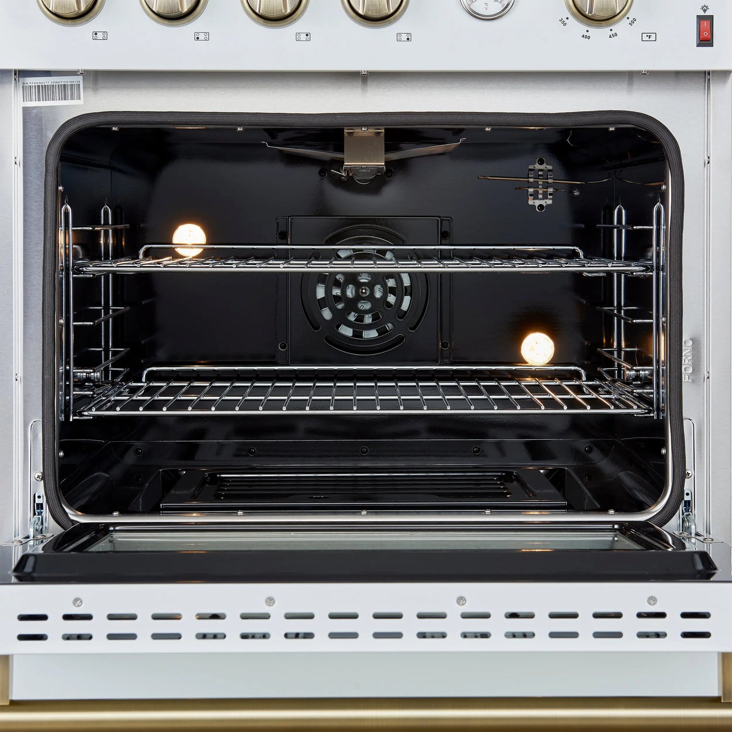 Marco 30-inch Gas Range White & Antique Brass Design, 4 Burners 37,000 BTU, 4.32 cu.ft. Convection Oven FORNO
