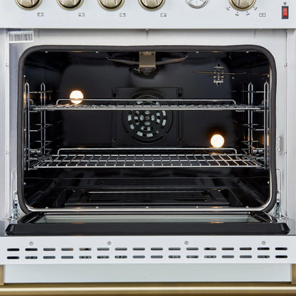 Marco 30-inch Gas Range White & Antique Brass Design, 4 Burners 37,000 BTU, 4.32 cu.ft. Convection Oven FORNO