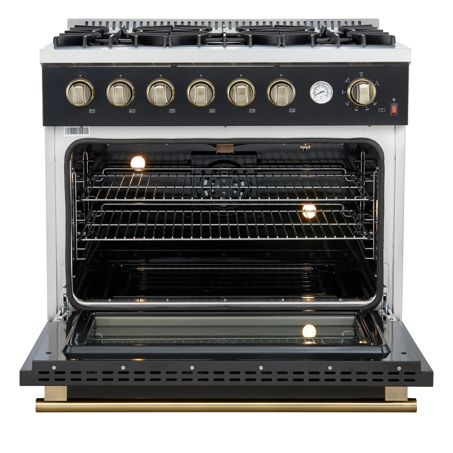 Marco 36-Inch Gas Range Black & Antique Brass Design, 6 Burners 67,000 BTU, 5.36 cu.ft. Convection Oven FORNO