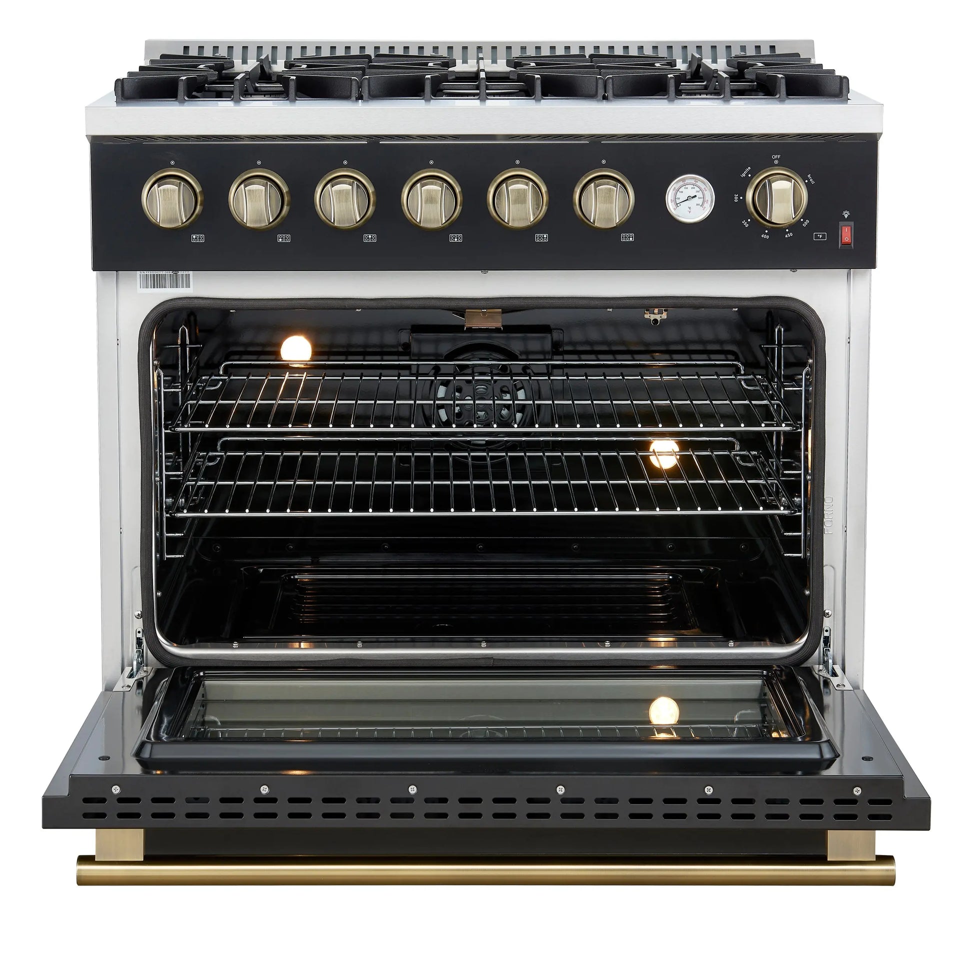 Marco 36-Inch Gas Range Black & Antique Brass Design, 6 Burners 67,000 BTU, 5.36 cu.ft. Convection Oven FORNO