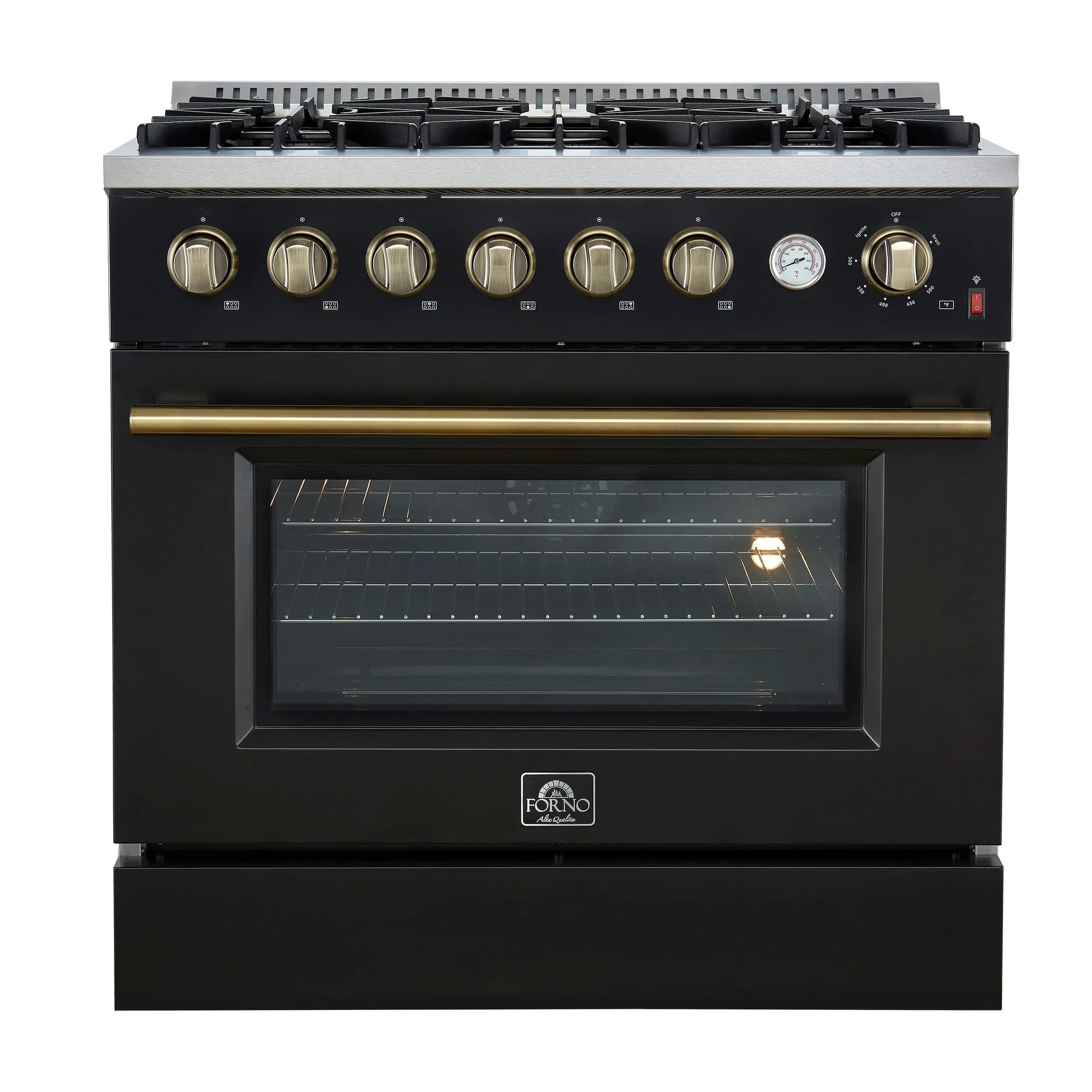 Marco 36-Inch Gas Range Black & Antique Brass Design, 6 Burners 67,000 BTU, 5.36 cu.ft. Convection Oven FORNO