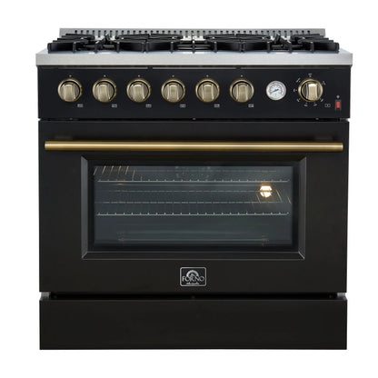 Marco 36-Inch Gas Range Black & Antique Brass Design, 6 Burners 67,000 BTU, 5.36 cu.ft. Convection Oven FORNO