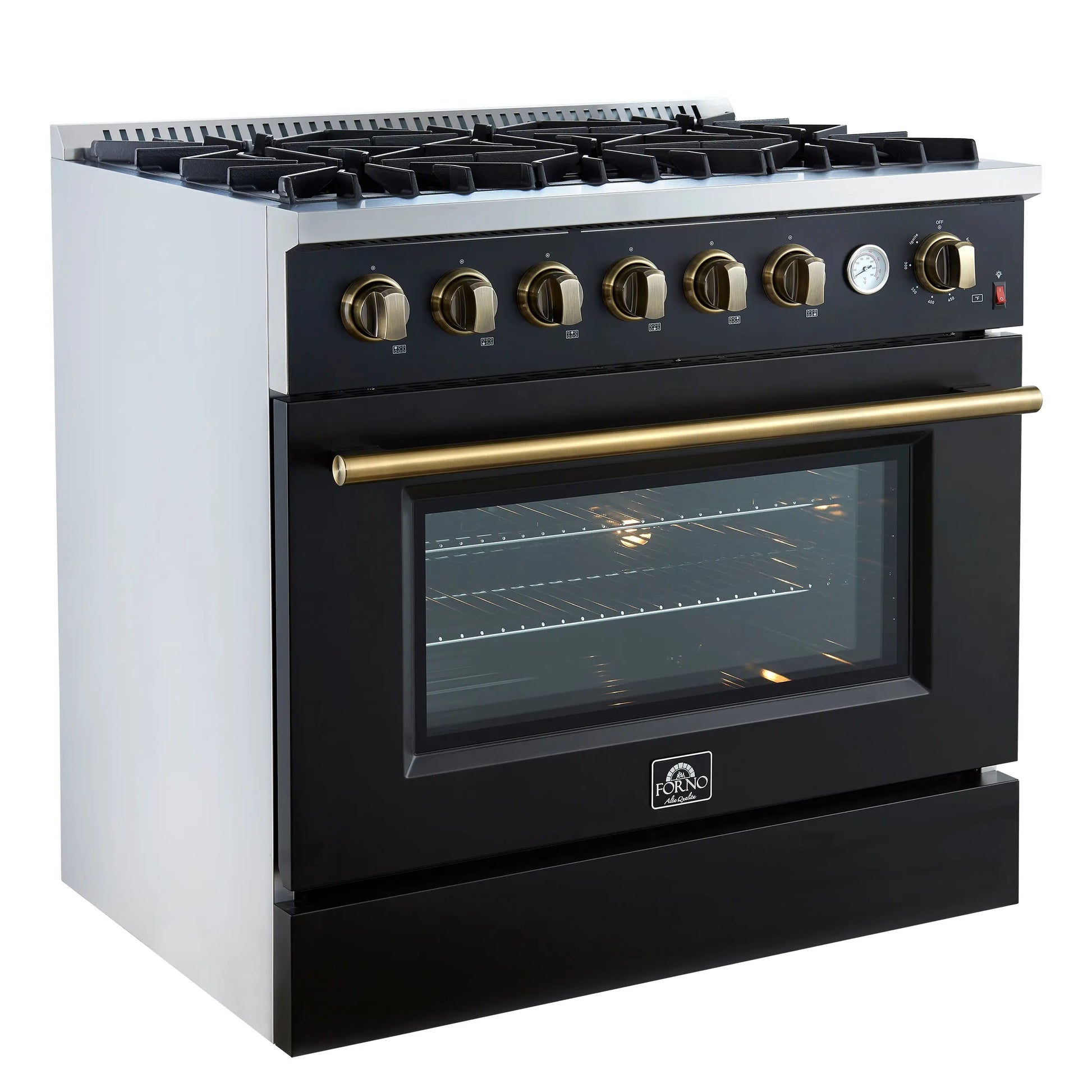 Marco 36-Inch Gas Range Black & Antique Brass Design, 6 Burners 67,000 BTU, 5.36 cu.ft. Convection Oven FORNO