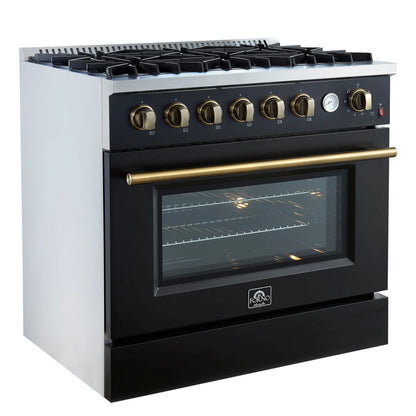 Marco 36-Inch Gas Range Black & Antique Brass Design, 6 Burners 67,000 BTU, 5.36 cu.ft. Convection Oven FORNO