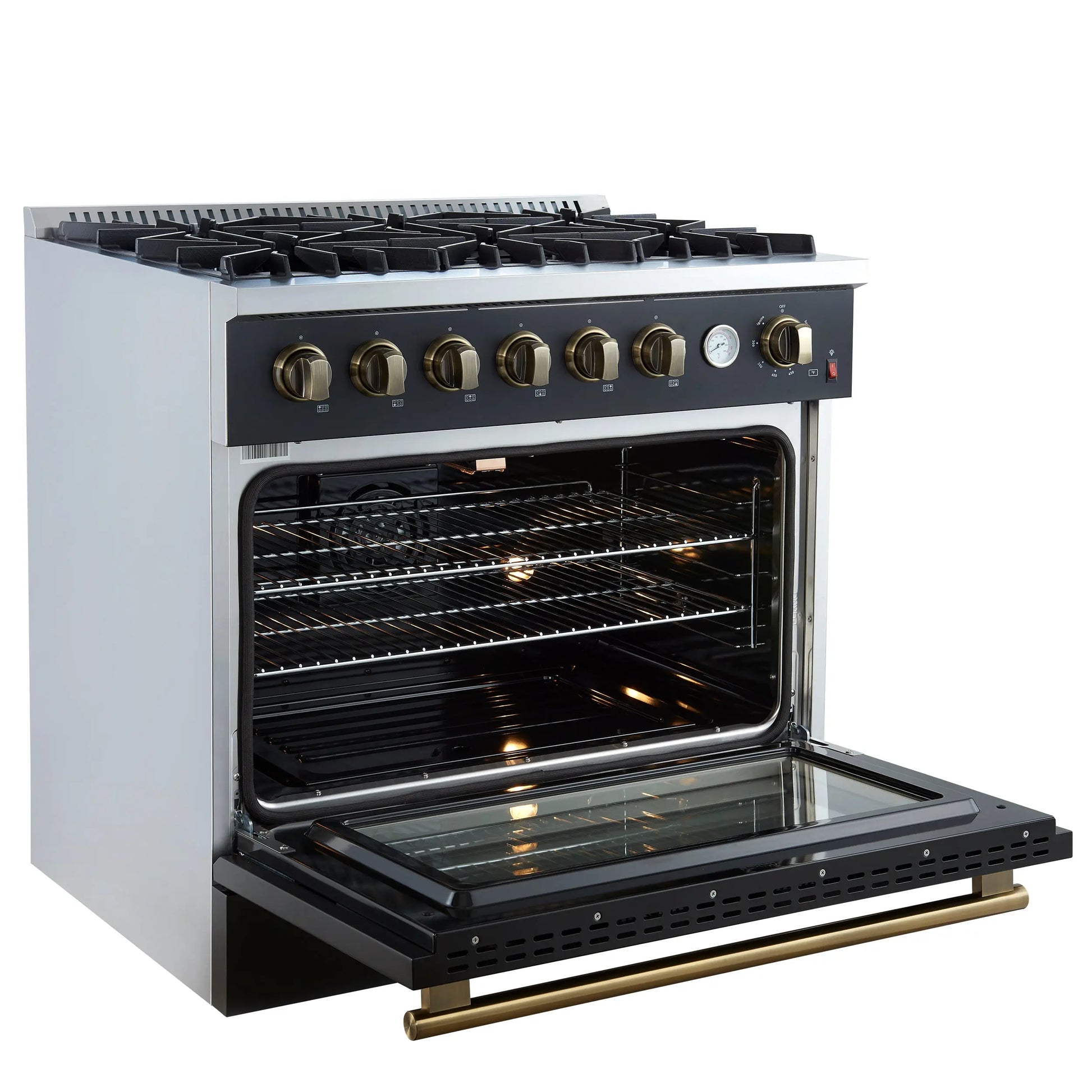 Marco 36-Inch Gas Range Black & Antique Brass Design, 6 Burners 67,000 BTU, 5.36 cu.ft. Convection Oven FORNO