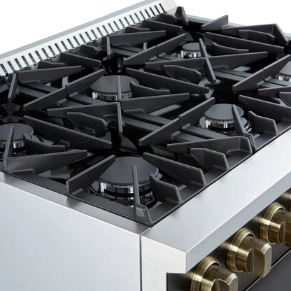 Marco 36-Inch Gas Range Black & Antique Brass Design, 6 Burners 67,000 BTU, 5.36 cu.ft. Convection Oven FORNO