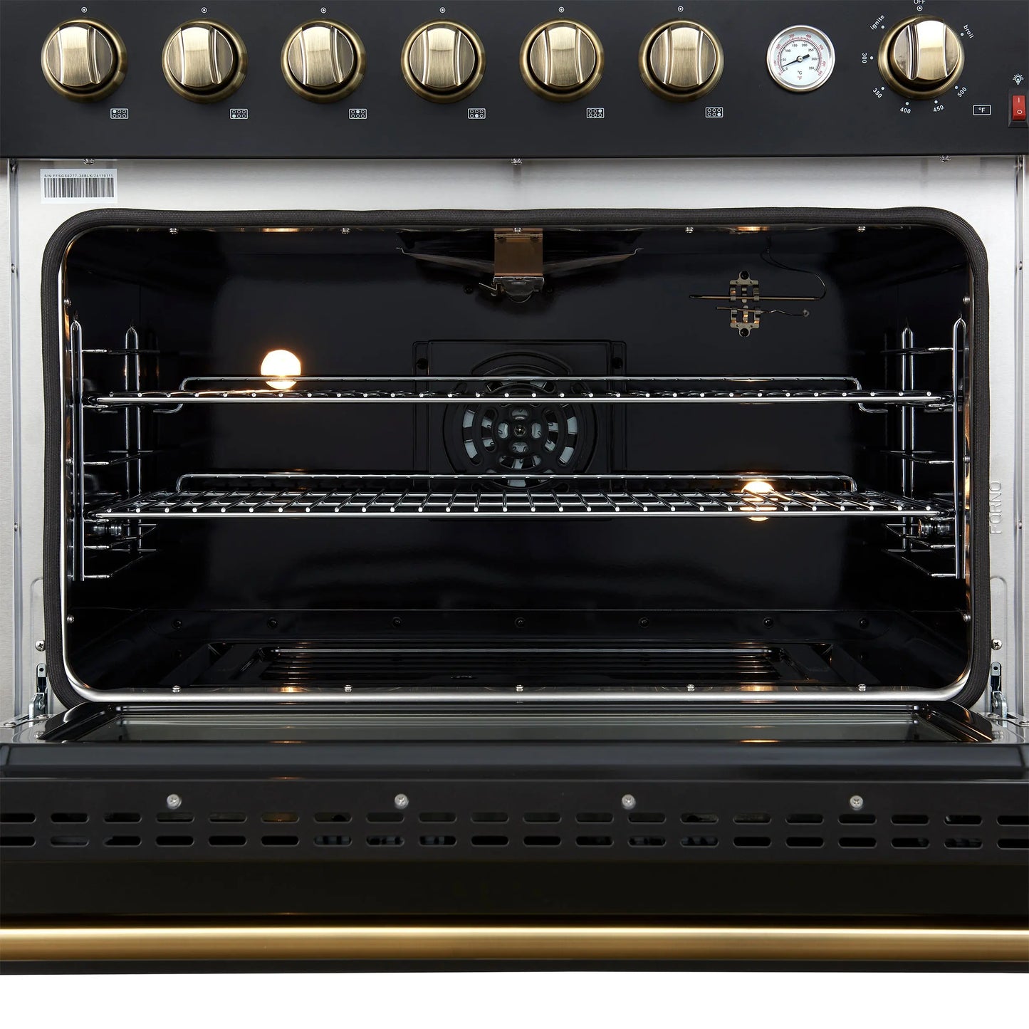Marco 36-Inch Gas Range Black & Antique Brass Design, 6 Burners 67,000 BTU, 5.36 cu.ft. Convection Oven FORNO