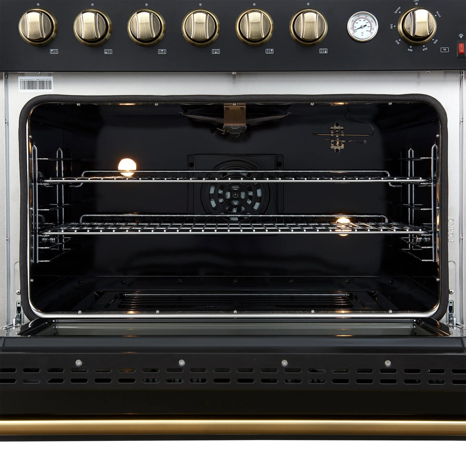 Marco 36-Inch Gas Range Black & Antique Brass Design, 6 Burners 67,000 BTU, 5.36 cu.ft. Convection Oven FORNO