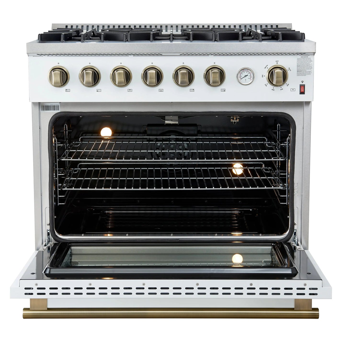 Marco 36-Inch Gas Range White & Antique Brass Design, 6 Burners 67,000 BTU, 5.36 cu.ft. Convection Oven FORNO