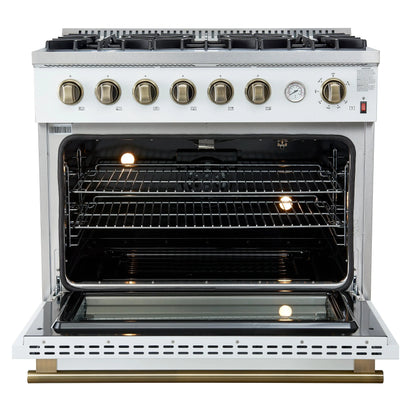 Marco 36-Inch Gas Range White & Antique Brass Design, 6 Burners 67,000 BTU, 5.36 cu.ft. Convection Oven FORNO