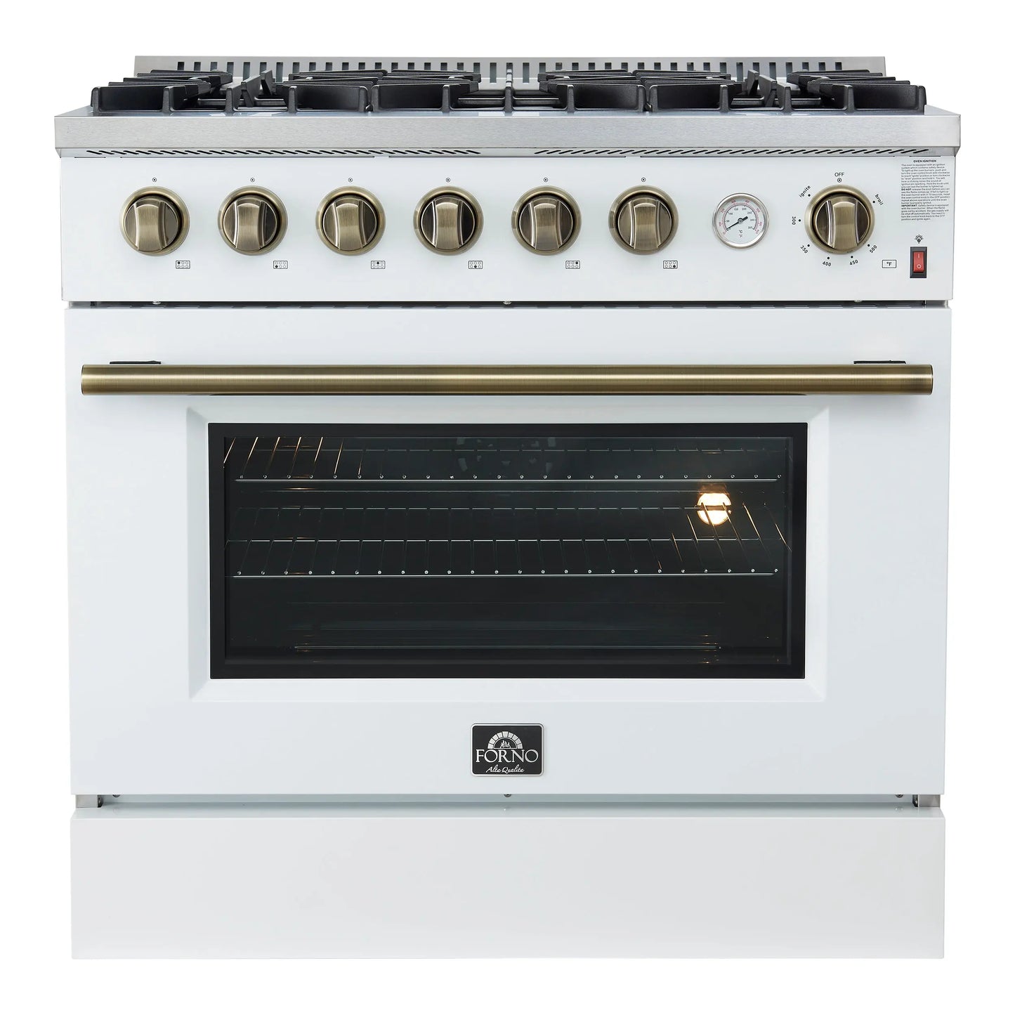 Marco 36-Inch Gas Range White & Antique Brass Design, 6 Burners 67,000 BTU, 5.36 cu.ft. Convection Oven FORNO