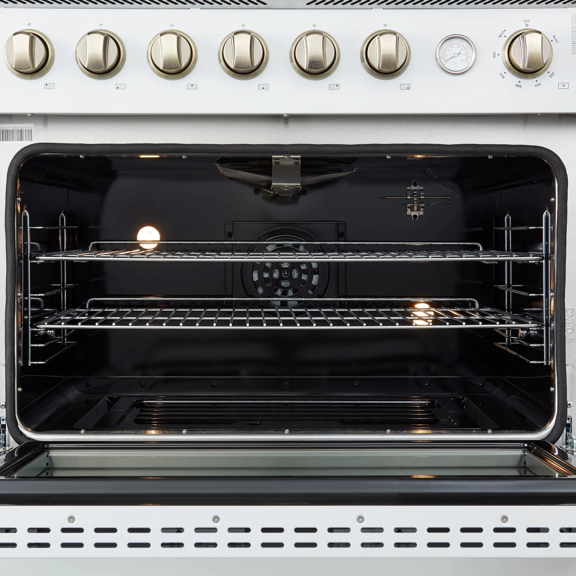 Marco 36-Inch Gas Range White & Antique Brass Design, 6 Burners 67,000 BTU, 5.36 cu.ft. Convection Oven FORNO