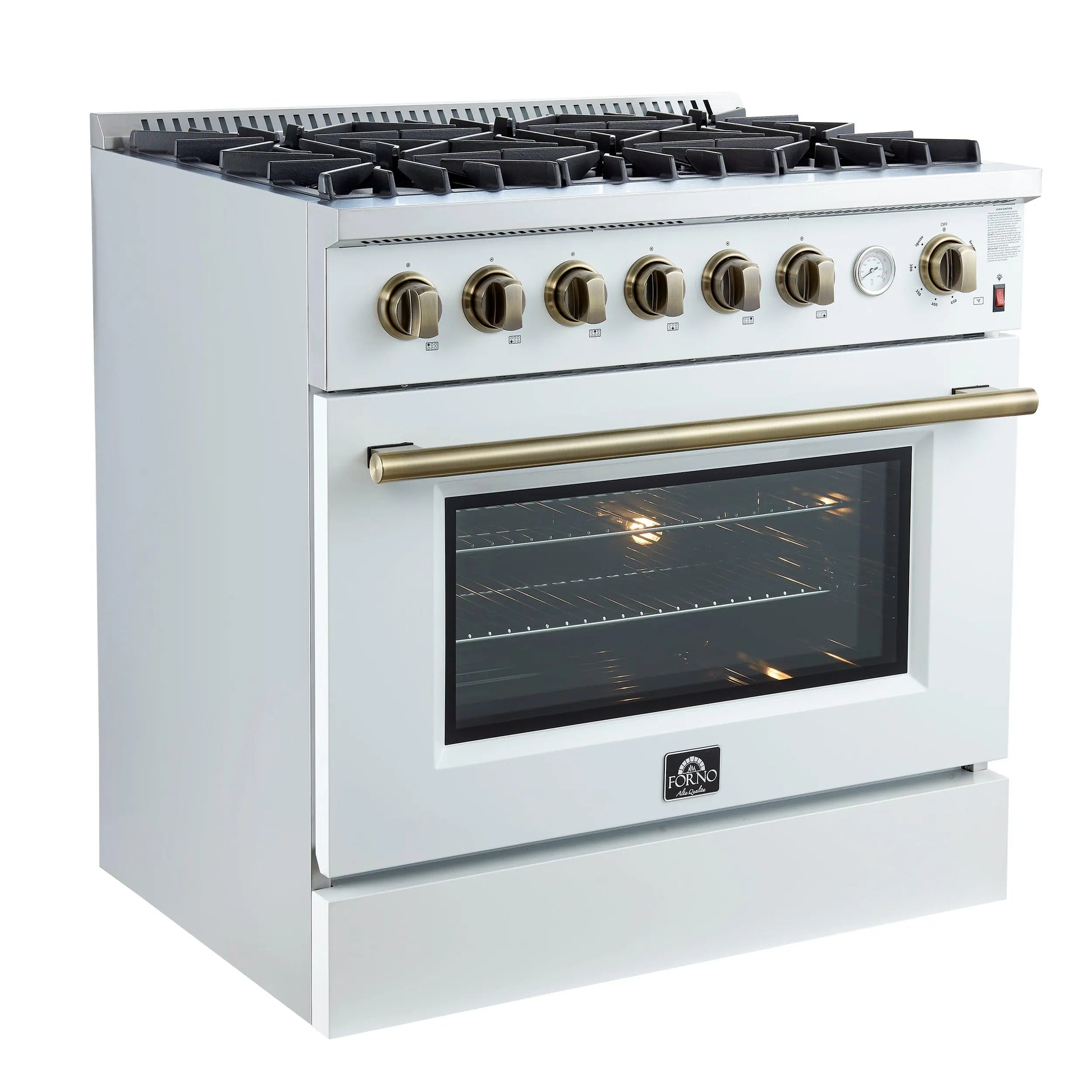 Marco 36-Inch Gas Range White & Antique Brass Design, 6 Burners 67,000 BTU, 5.36 cu.ft. Convection Oven FORNO