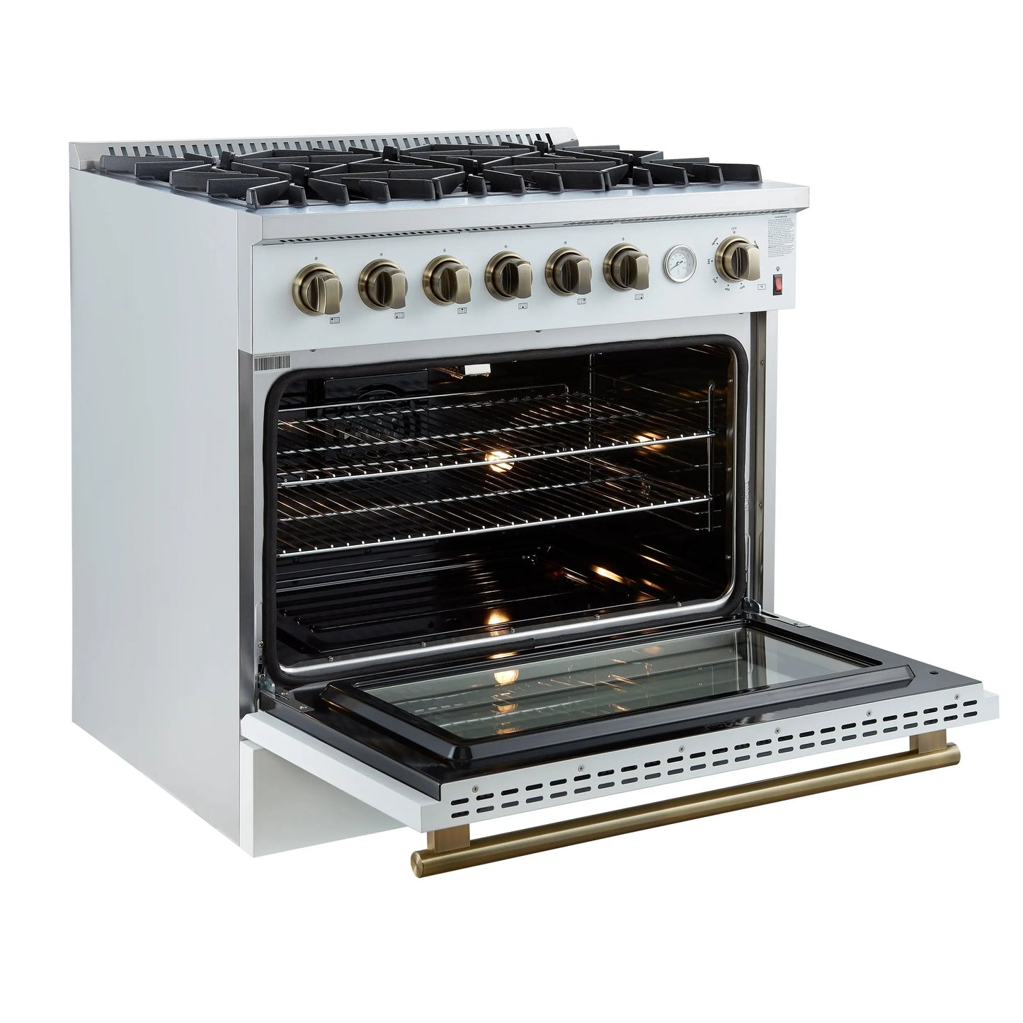 Marco 36-Inch Gas Range White & Antique Brass Design, 6 Burners 67,000 BTU, 5.36 cu.ft. Convection Oven FORNO