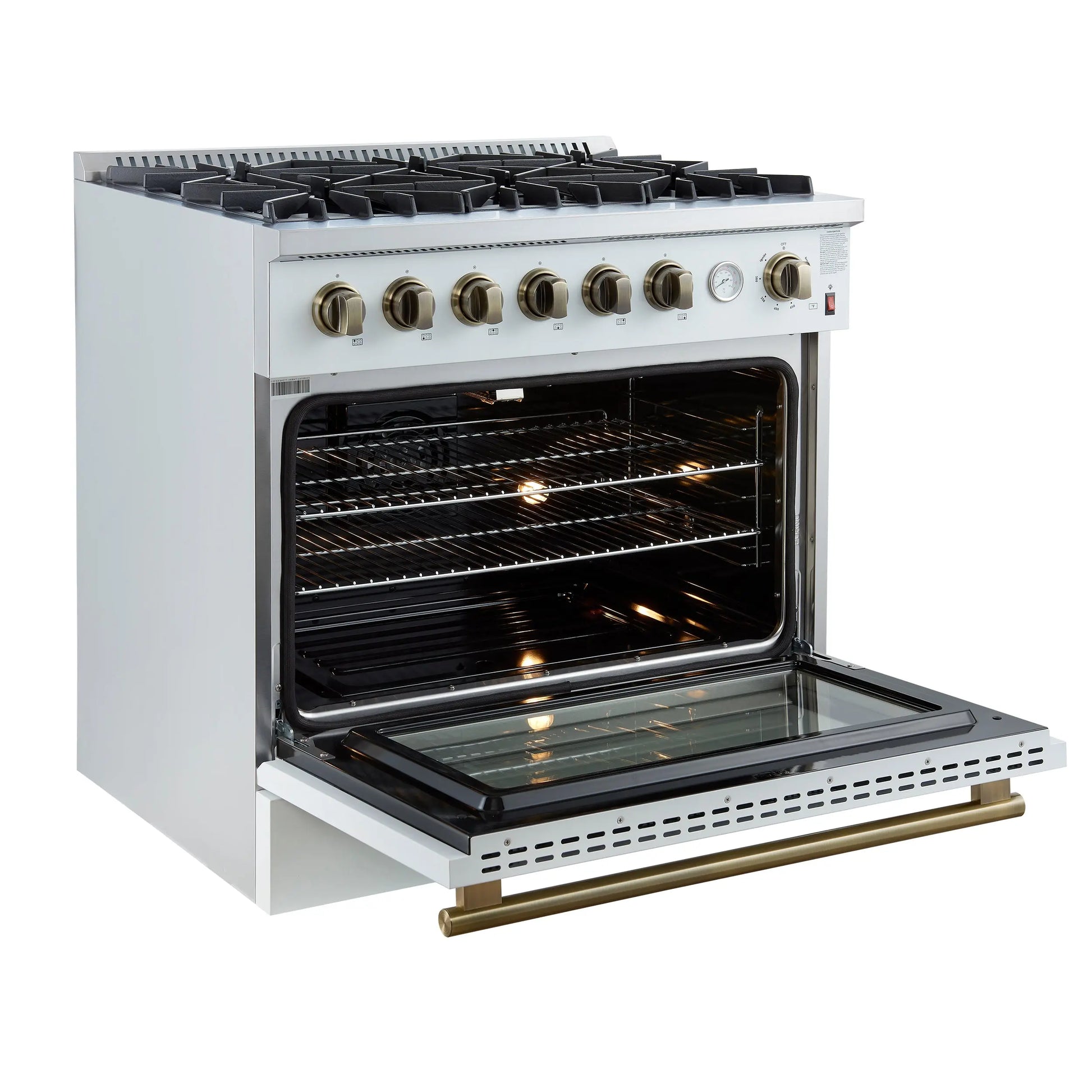 Marco 36-Inch Gas Range White & Antique Brass Design, 6 Burners 67,000 BTU, 5.36 cu.ft. Convection Oven FORNO