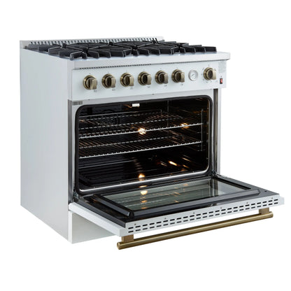 Marco 36-Inch Gas Range White & Antique Brass Design, 6 Burners 67,000 BTU, 5.36 cu.ft. Convection Oven FORNO