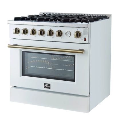 Marco 36-Inch Gas Range White & Antique Brass Design, 6 Burners 67,000 BTU, 5.36 cu.ft. Convection Oven FORNO