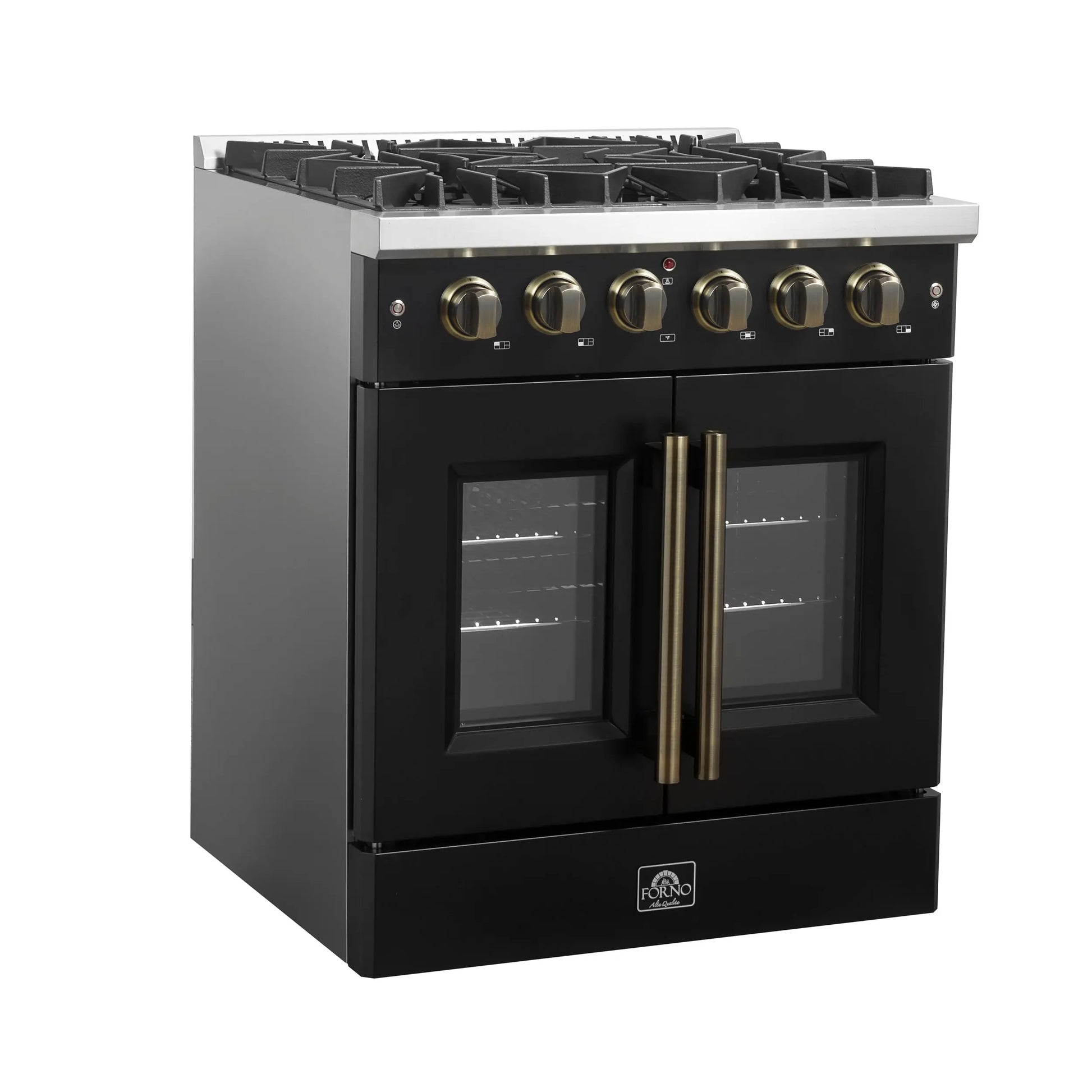 Forno Galiano 30-inch French Door Gas Range Black and Antique Brass Design, 5 Sealed Burners 68,000 BTU,  4.32 cu.ft. Convection Oven FORNO
