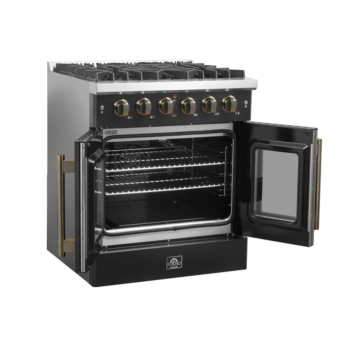 Forno Galiano 30-inch French Door Gas Range Black and Antique Brass Design, 5 Sealed Burners 68,000 BTU,  4.32 cu.ft. Convection Oven FORNO