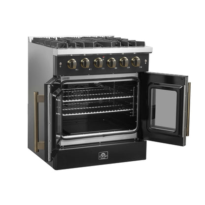 Forno Galiano 30-inch French Door Gas Range Black and Antique Brass Design, 5 Sealed Burners 68,000 BTU,  4.32 cu.ft. Convection Oven FORNO