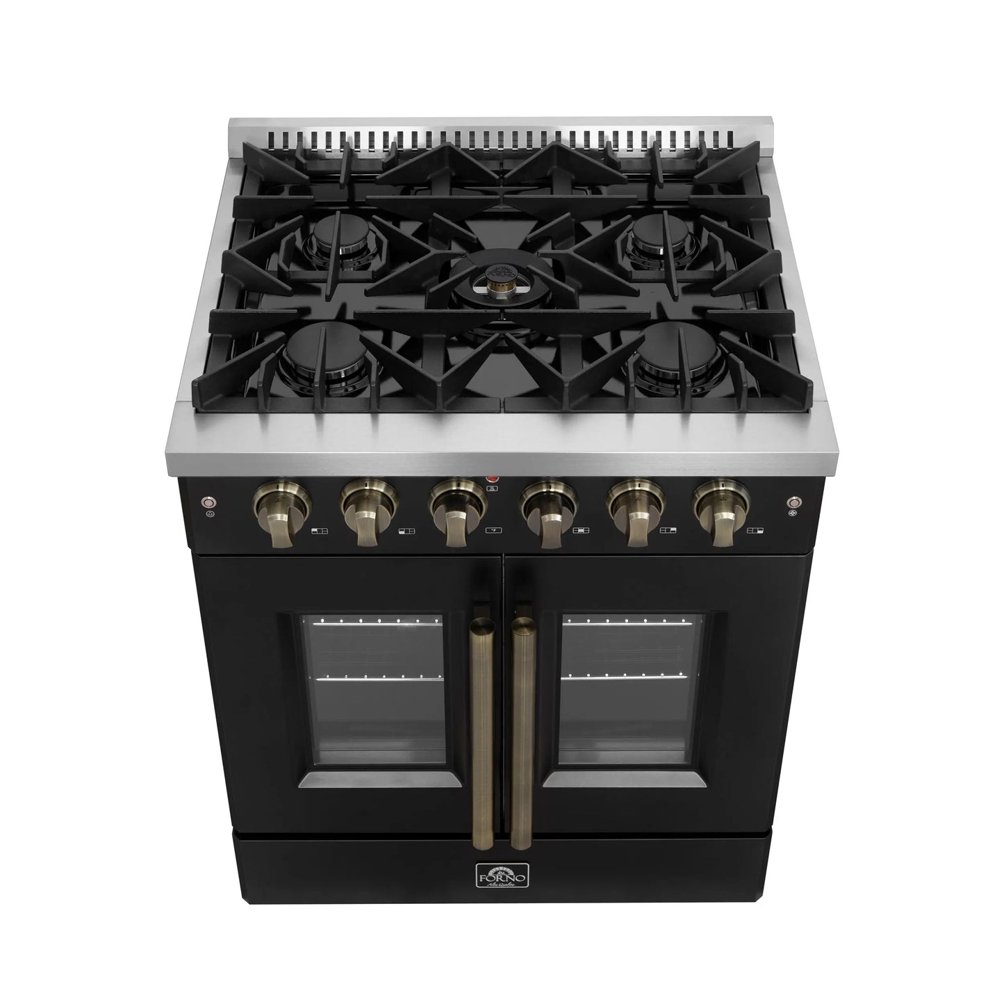 Forno Galiano 30-inch French Door Gas Range Black and Antique Brass Design, 5 Sealed Burners 68,000 BTU,  4.32 cu.ft. Convection Oven FORNO