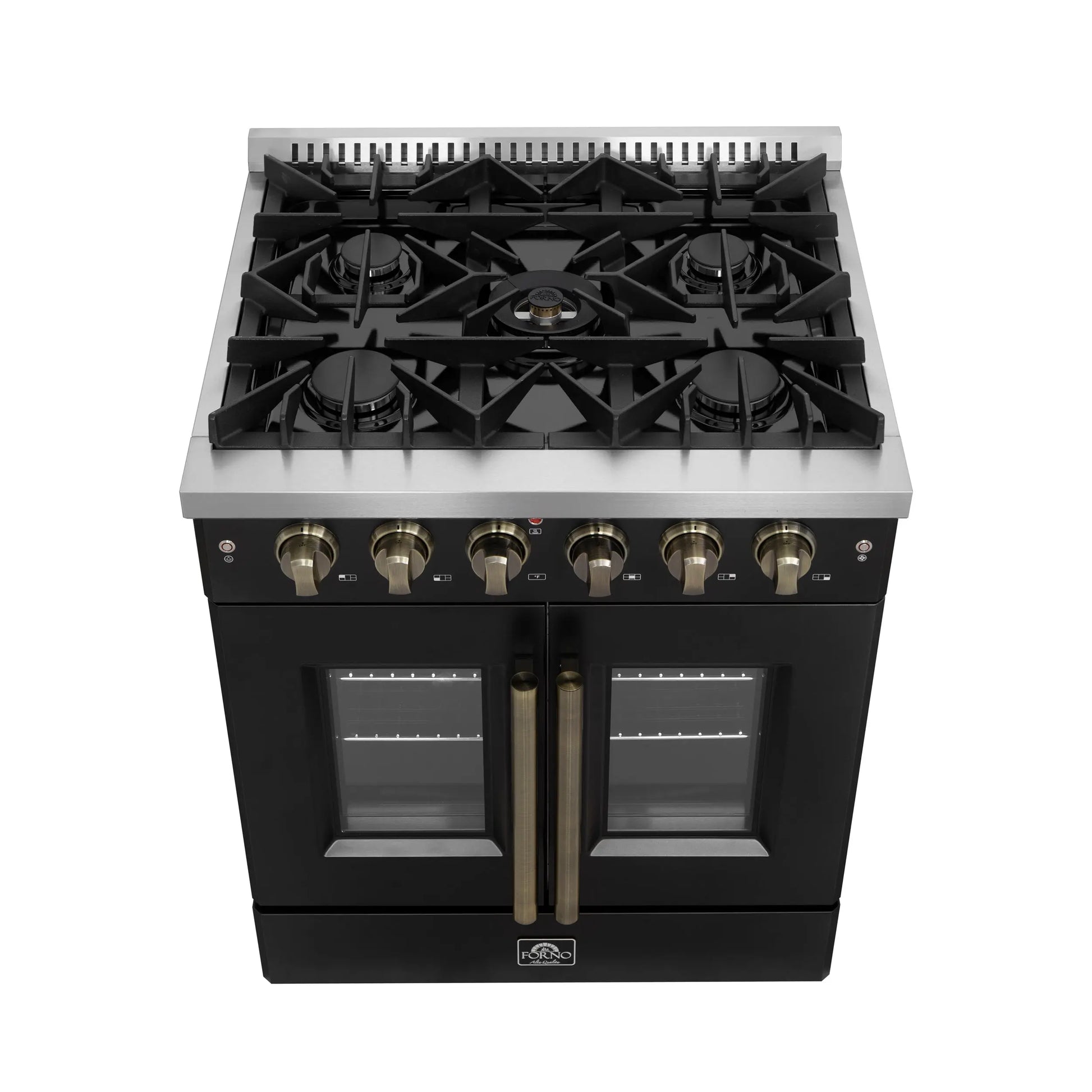 Forno Galiano 30-inch French Door Gas Range Black and Antique Brass Design, 5 Sealed Burners 68,000 BTU,  4.32 cu.ft. Convection Oven FORNO