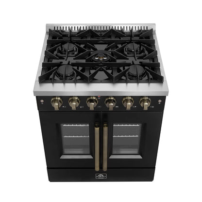 Forno Galiano 30-inch French Door Gas Range Black and Antique Brass Design, 5 Sealed Burners 68,000 BTU,  4.32 cu.ft. Convection Oven FORNO