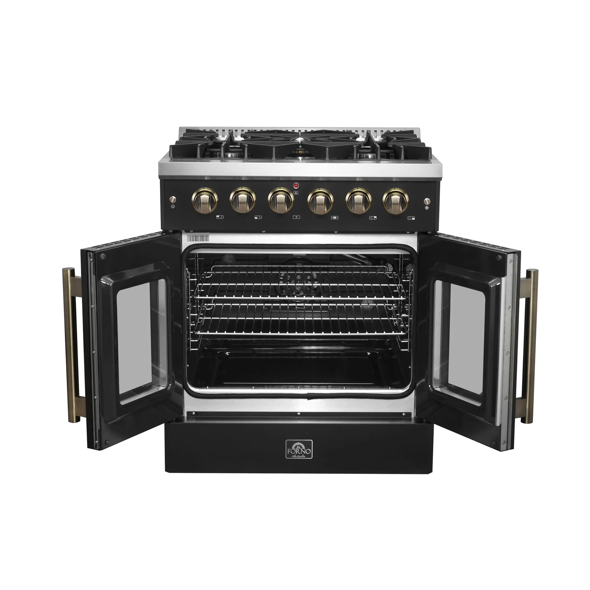 Forno Galiano 30-inch French Door Gas Range Black and Antique Brass Design, 5 Sealed Burners 68,000 BTU,  4.32 cu.ft. Convection Oven FORNO